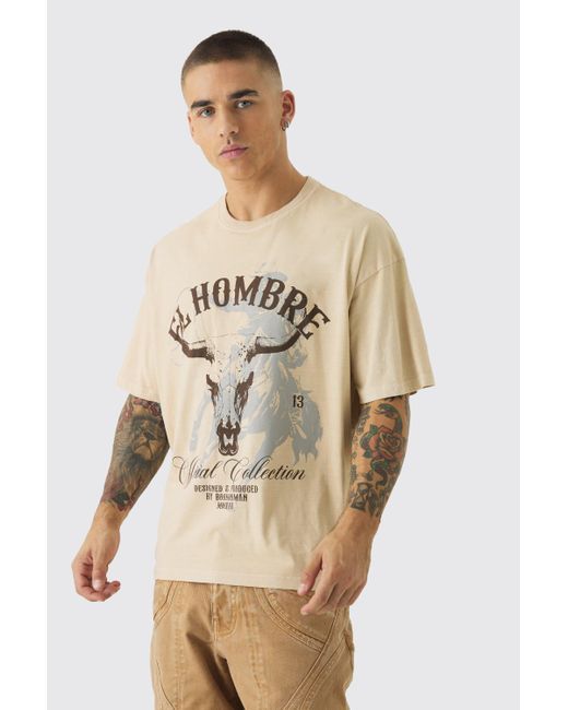 BoohooMAN Natural Oversized Boxy Washed Western Print T-Shirt for men