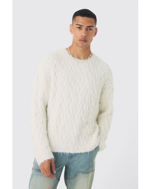 BoohooMAN Drop Shoulder Cable Knit Sweater in White for Men Lyst UK
