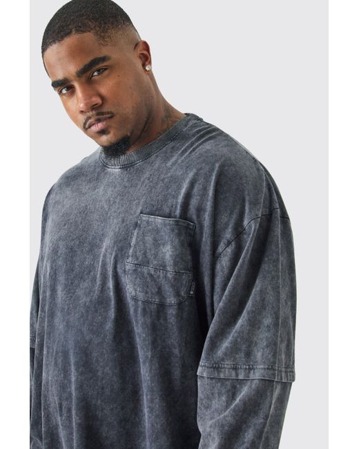 BoohooMAN Blue Plus Oversized Washed Carded Heavy Faux Layer T-shirt for men