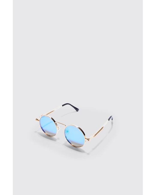 BoohooMAN Blue Metal Vintage Screw Arm Sunglasses for men