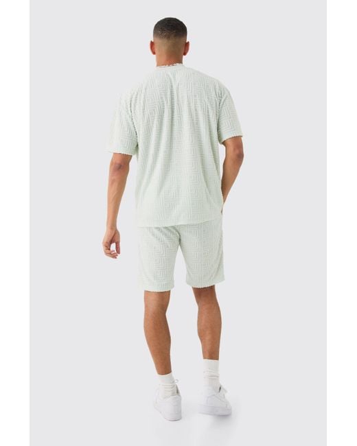 BoohooMAN Green Oversized Geo Towelling Jacquard T-shirt & Shorts for men