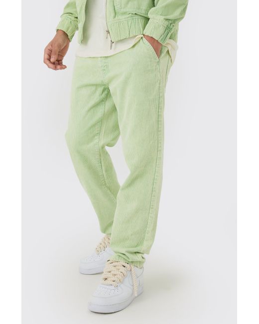 BoohooMAN Green Relaxed Tapered Cord Pants In Sage for men