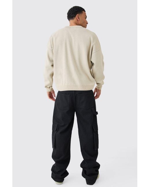 BoohooMAN Gray Oversized Drop Shoulder Graphic Knit Jumper for men