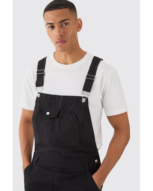 BoohooMAN Blue Washed Twill Multi Cargo Pocket Relaxed Fit Dungarees for men