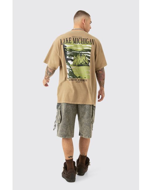 BoohooMAN Green Oversized Washed Lake Michigan Printed T-shirt for men
