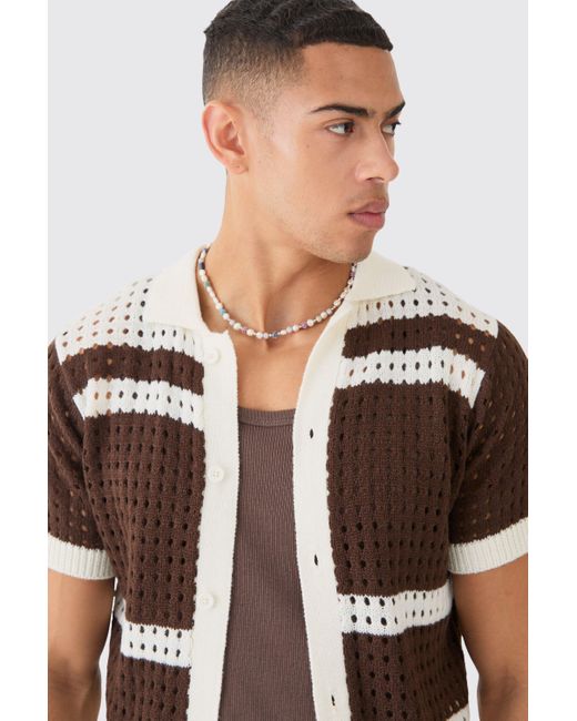 BoohooMAN White Open Stitch Striped Knitted Shirt In Orange for men