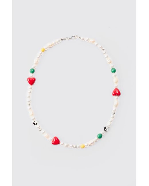 BoohooMAN Red Bead And Pearl Necklace for men