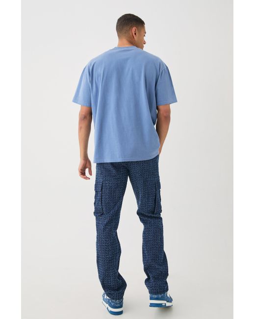 BoohooMAN Blue Relaxed Rigid Distressed Cargo Jean for men