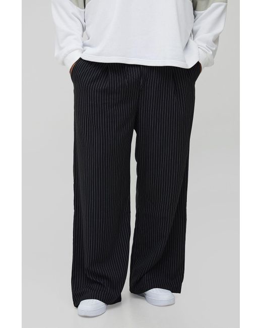 BoohooMAN Men's Black Plus Pleat Front Wide Leg Pinstripe Pants