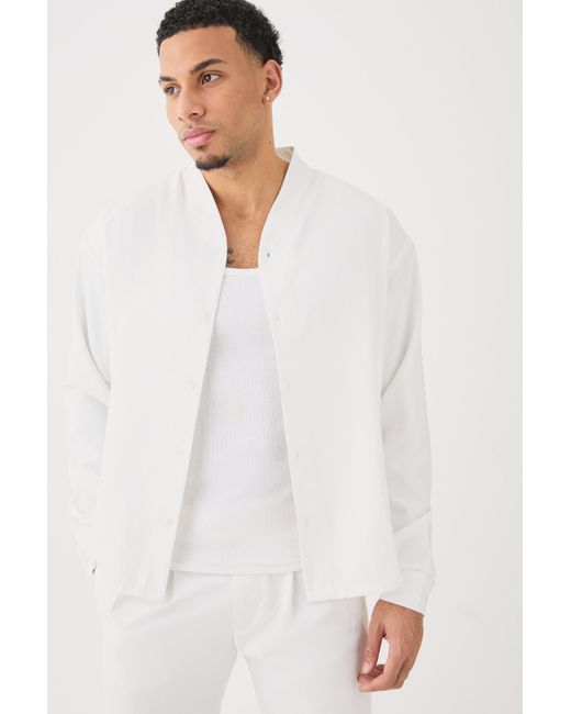 BoohooMAN White Boxy Collarless Soft Twill Label Shirt for men