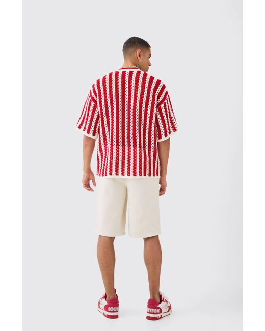 BoohooMAN Red Oversized Open Stitch Stripe Knitted T-shirt for men