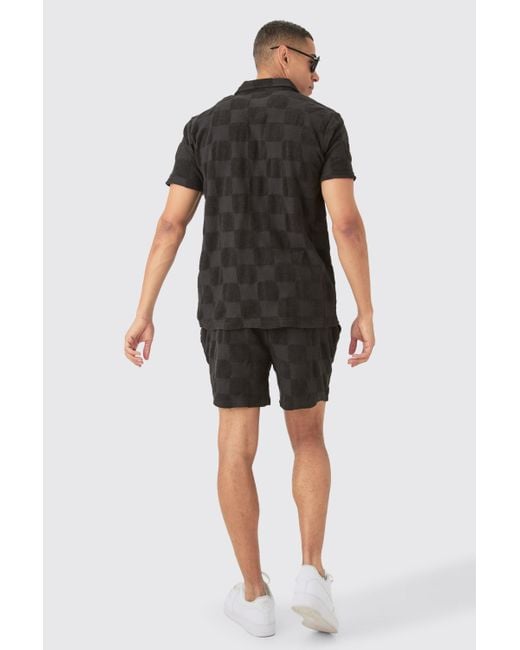 BoohooMAN Towelling Checkerboard Shirt & Short Set in Black für Herren