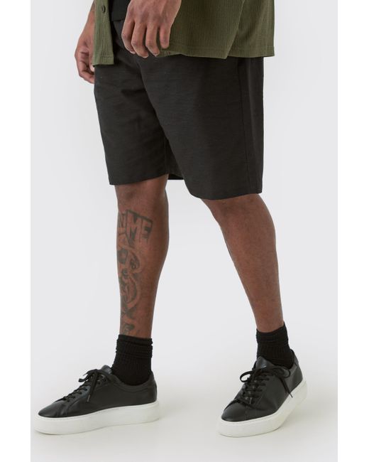 BoohooMAN Plus Elasticated Waist Linen Comfort Shorts In Black for men
