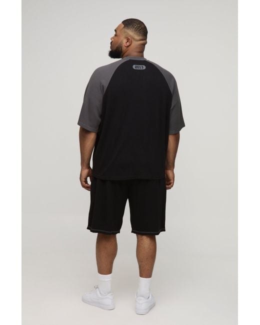 Boohoo Black Plus Oversized Boxy Raglan Waffle Graphic T-Shirt & Short Set