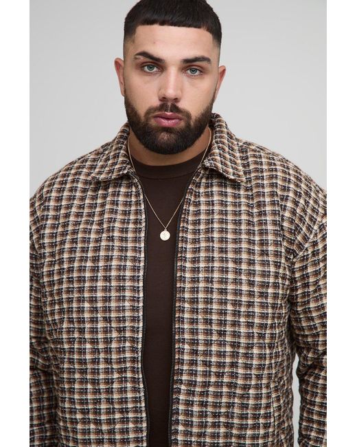 BoohooMAN Plus kariertes Bouclee-Overshirt mit Reißverschluss in Brown für Herren