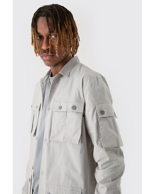 Tall Longsleeve Poplin Utility Pocket Shirt Boohoo de color Gray