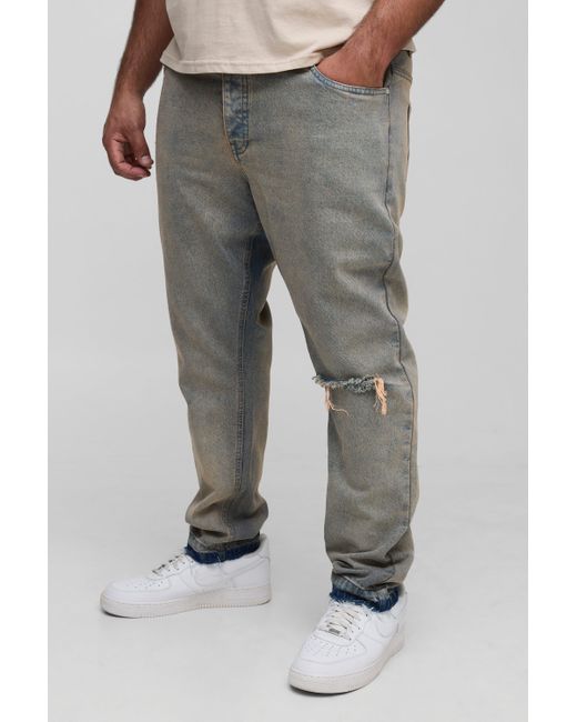 BoohooMAN Gray Plus Slim Fit Subtle Ripped Tinted Jeans With Let Down Hem for men