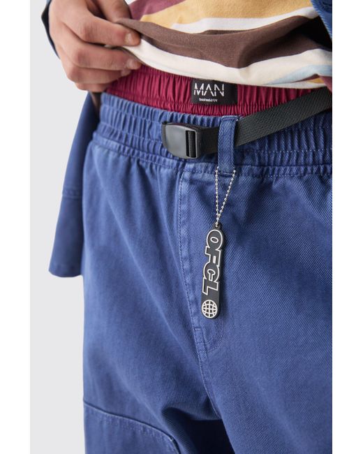 BoohooMAN Elastic Waist Crinkle Denim Carpenter Jeans In Dark Blue for men