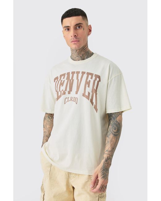 BoohooMAN Natural Tall Distressed Oversized Acid Wash Denver Varsity T-shirt for men