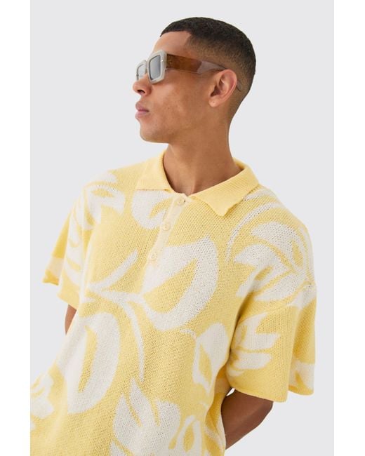 BoohooMAN Yellow Oversized Boxy Tonal Jacquard Floral Knit Polo for men