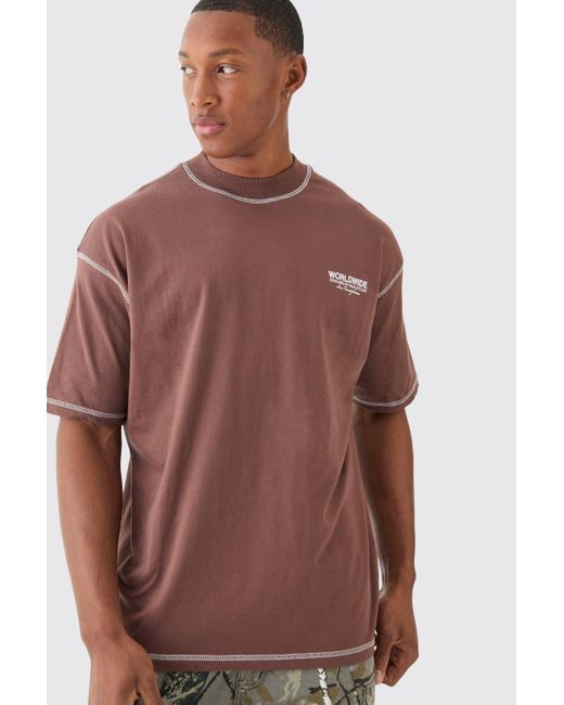 BoohooMAN Brown Oversized Worldwide Contrast Stitch T-shirt for men