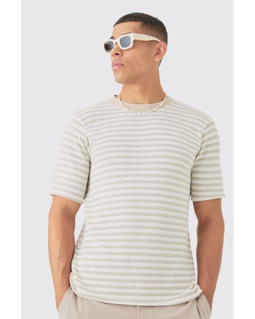 BoohooMAN Slim Fit Textured Stripe T-shirt in White für Herren