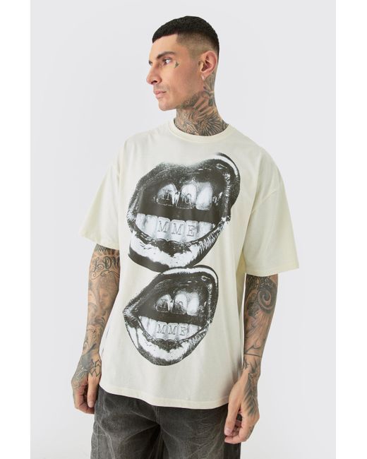 BoohooMAN Gray Tall Oversized Metallic Homme Lips T-shirt In Ecru for men