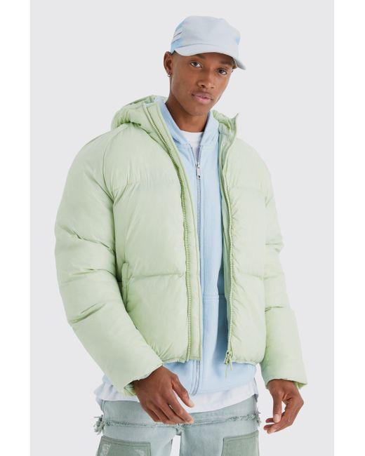 BoohooMAN Green Sheen Quilted Nylon Puffer With Hood for men