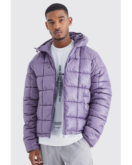 BoohooMAN Purple Tall Boxy Square Quilted Puffer With Hood for men