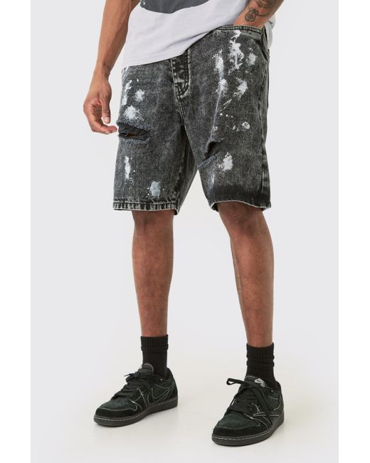 Boohoo Tall Washed Black Paint Splatter Relaxed Denim Shorts