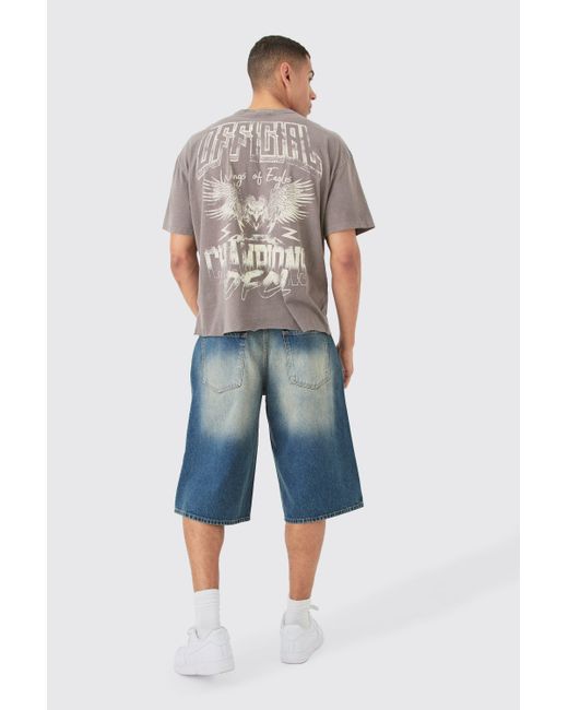 BoohooMAN Rigid Extreme Ripped Denim Jorts In Antique Blue for men