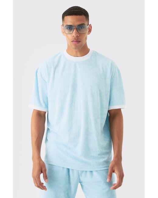 BoohooMAN Blue Oversized Extended Neck Contrast Towelling T-shirt for men
