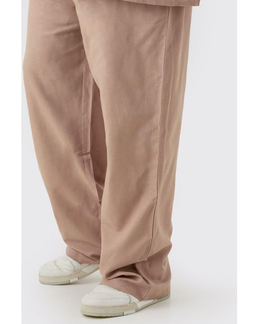 BoohooMAN Brown Plus Elasticated Waist Relaxed Linen Trouser In Taupe for men