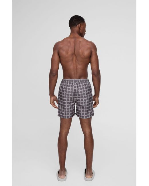 BoohooMAN Natural Mid Length Plaid Swim Trunks for men
