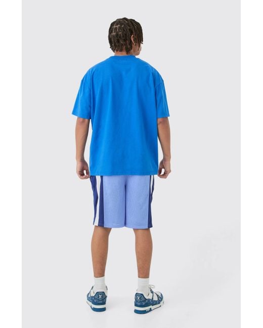BoohooMAN Blue Mesh Colour Block Basketball Shorts for men