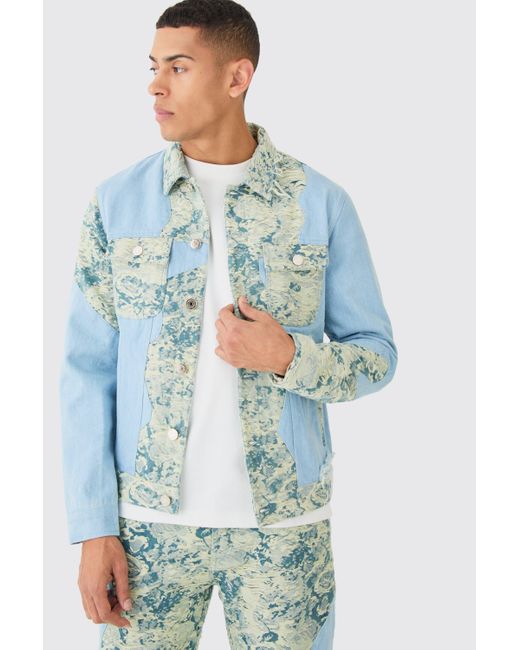 BoohooMAN Blue Spliced Fabric Interest Distressed Jean Jacket for men