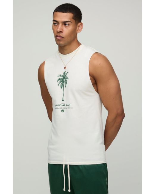 Boohoo White Ecru Oversized Extended Neck Palm Print Tank