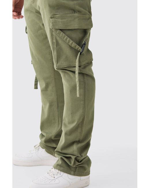 BoohooMAN Green Plus Fixed Waist Slim Stacked Flare Strap Cargo Pants for men