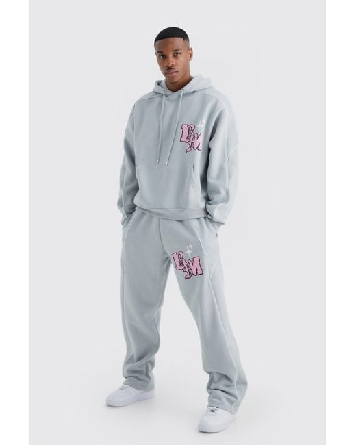 BoohooMAN Gray Oversized Boxy Print Tracksuit for men