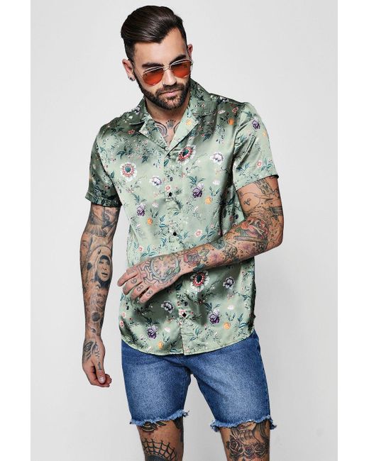 Boohoo Khaki Floral Satin Revere Short Sleeve Shirt for Men | Lyst UK