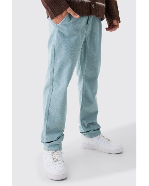 BoohooMAN Blue Relaxed Tapered Cord Pants In Slate for men