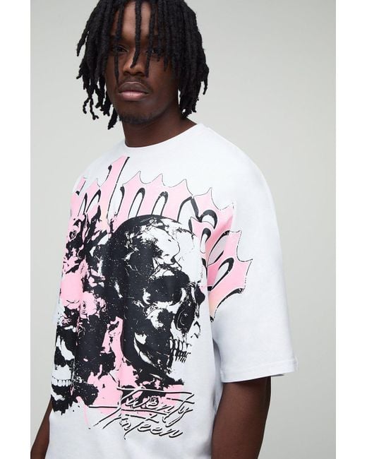 BoohooMAN Tall kastiges Oversize T-Shirt mit Totenkopf-Print in White für Herren