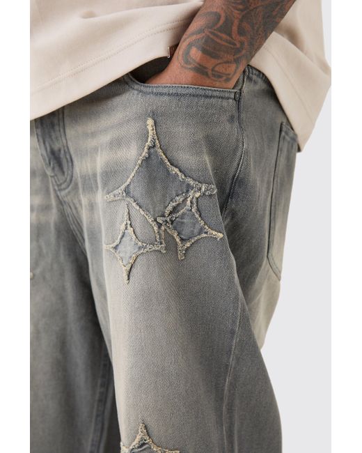 BoohooMAN Gray Plus Relaxed Rigid Flare Self Fabric Applique Gusset Jean for men
