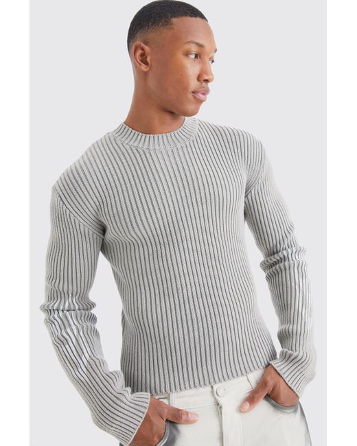 BoohooMAN Gray Muscle Fit Ribbed Acid Wash Knit Jumper for men