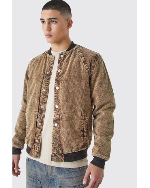 BoohooMAN Brown Cord Acid Wash Qulited Bomber Jacket In Chocolate for men