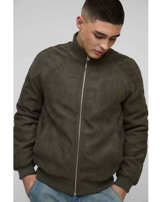 BoohooMAN Green Raglan Regular Fit Funnel Neck Faux Suede Bomber Jacket for men