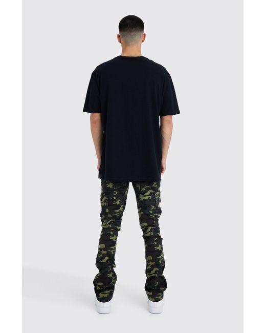 BoohooMAN Black Skinny Stacked Flare Gusset Camo Cargo Trouser for men