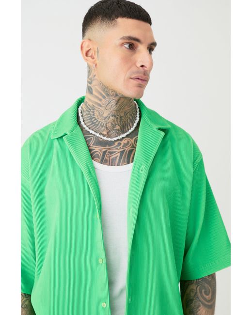 BoohooMAN Tall Oversized Short Sleeve Pleated Shirt & Short In Green für Herren