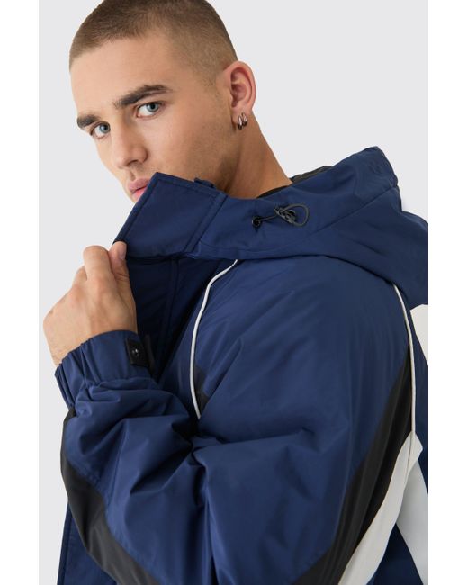 BoohooMAN Blue Hooded Colour Block Parka for men