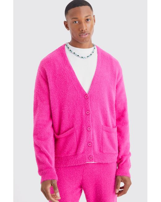 BoohooMAN Kastiger flauschiger Cardigan in Pink für Herren